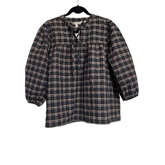 Barbour Blouse Womens Size 12 Multicolor Lorelie Tie Neck Praline Plaid NWT - Picture 1 of 9